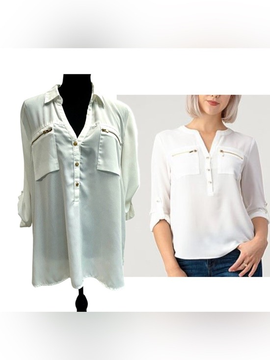 mandee Tops - Mandee White Utility Pocket V-neck half button down Blouse roll tab sleeve XL